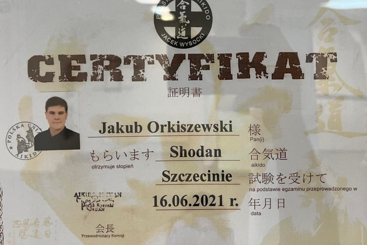 Certyfikat 1 DAN Sensei Jakub Orkiszewski